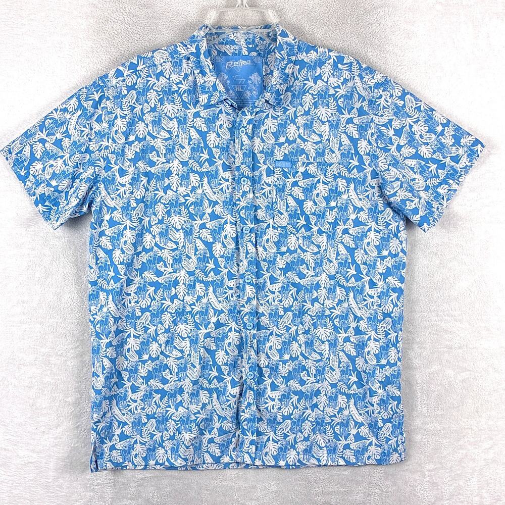 Retro Rifle Shirt Men XL Blue Foraging Llama Minigun AOP Performance Summer